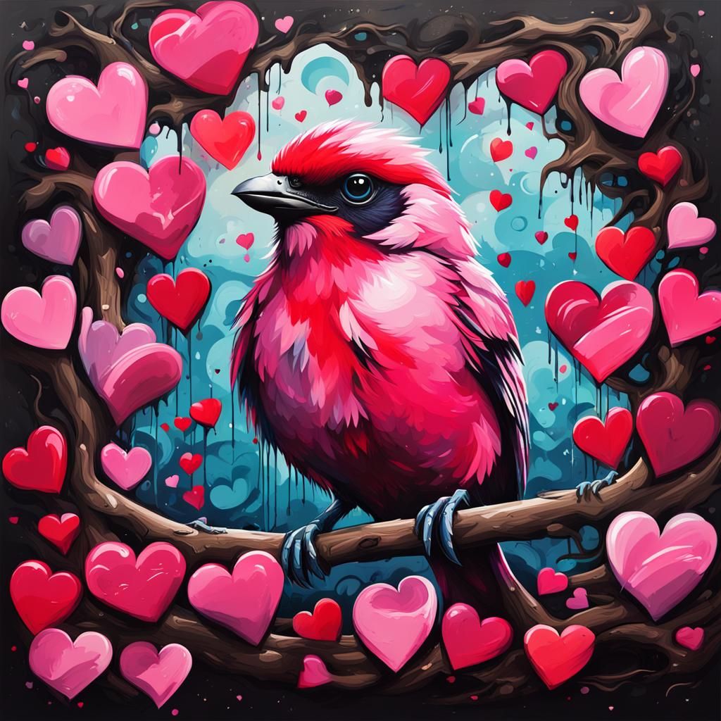 Beautiful red and pink bird in a tree, with leaves shaped li...