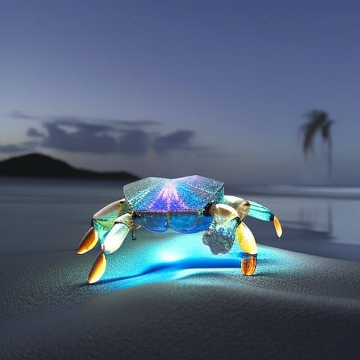 photorealistic 3D "crystal crab made of crystals" sitting on beach