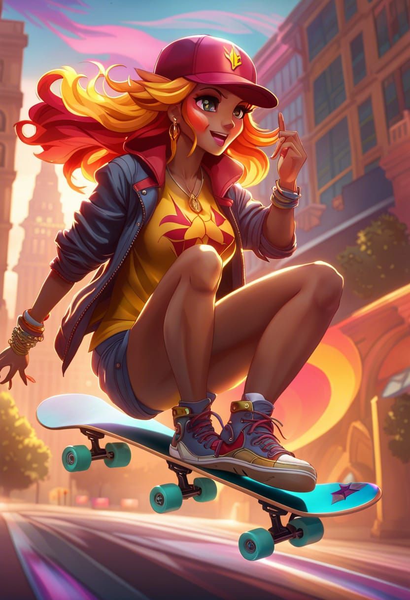 Sunset Shimmer riding a skateboard! 8k resolution concept ar...