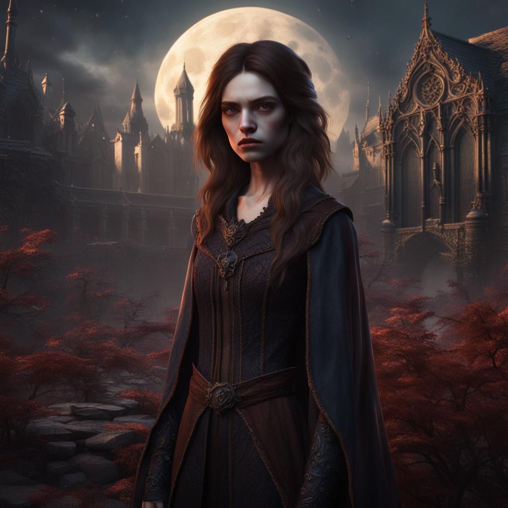 A young vampire woman, looking sad and guilty, medium length...