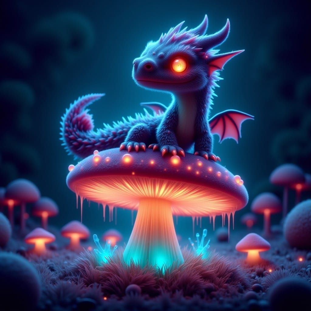 <lora:-Mixperiment Pi-:1.0> chibi dragon sitting on a bioluminescent mushroom, mixed styles