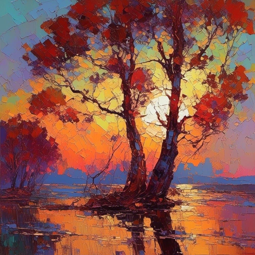 sunset water reflections tree landscape palette knife impasto <lora:Impasto Landscapes:1.0> 