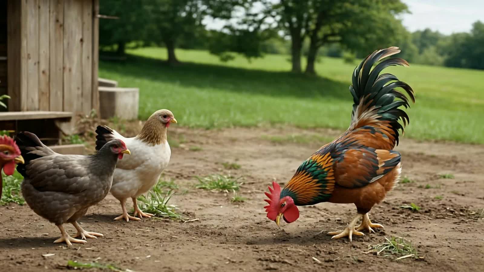 The rooster is strutting himself very proudly in front of the hens trying to impress them.