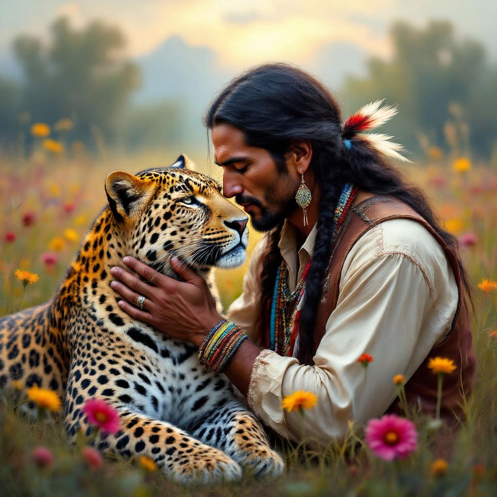 An American Indian man is showing affection to a Leopard