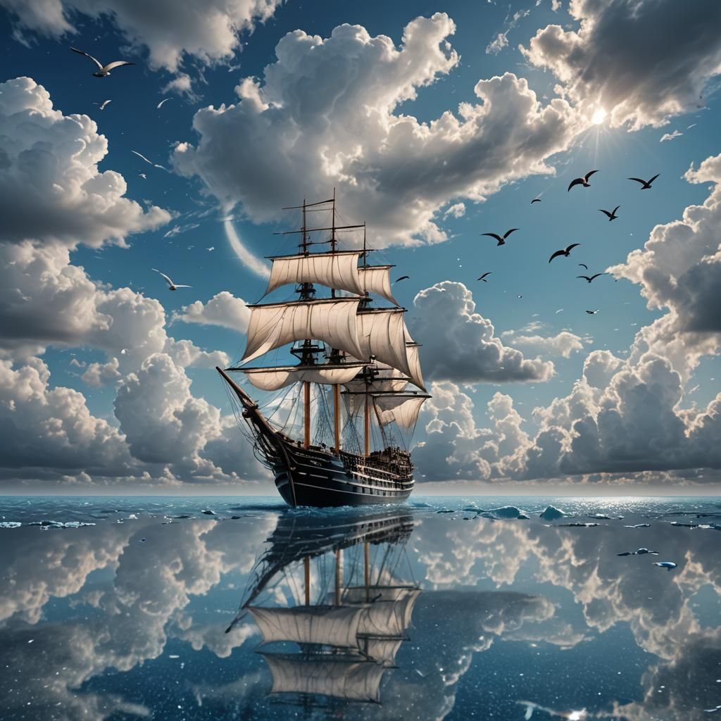 ship with white sails in a blue sea without waves, the ship ...