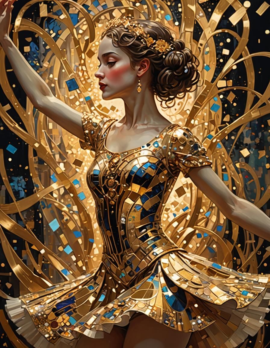 Gustav Klimt gold flake, painted portrait art deco of a danc...