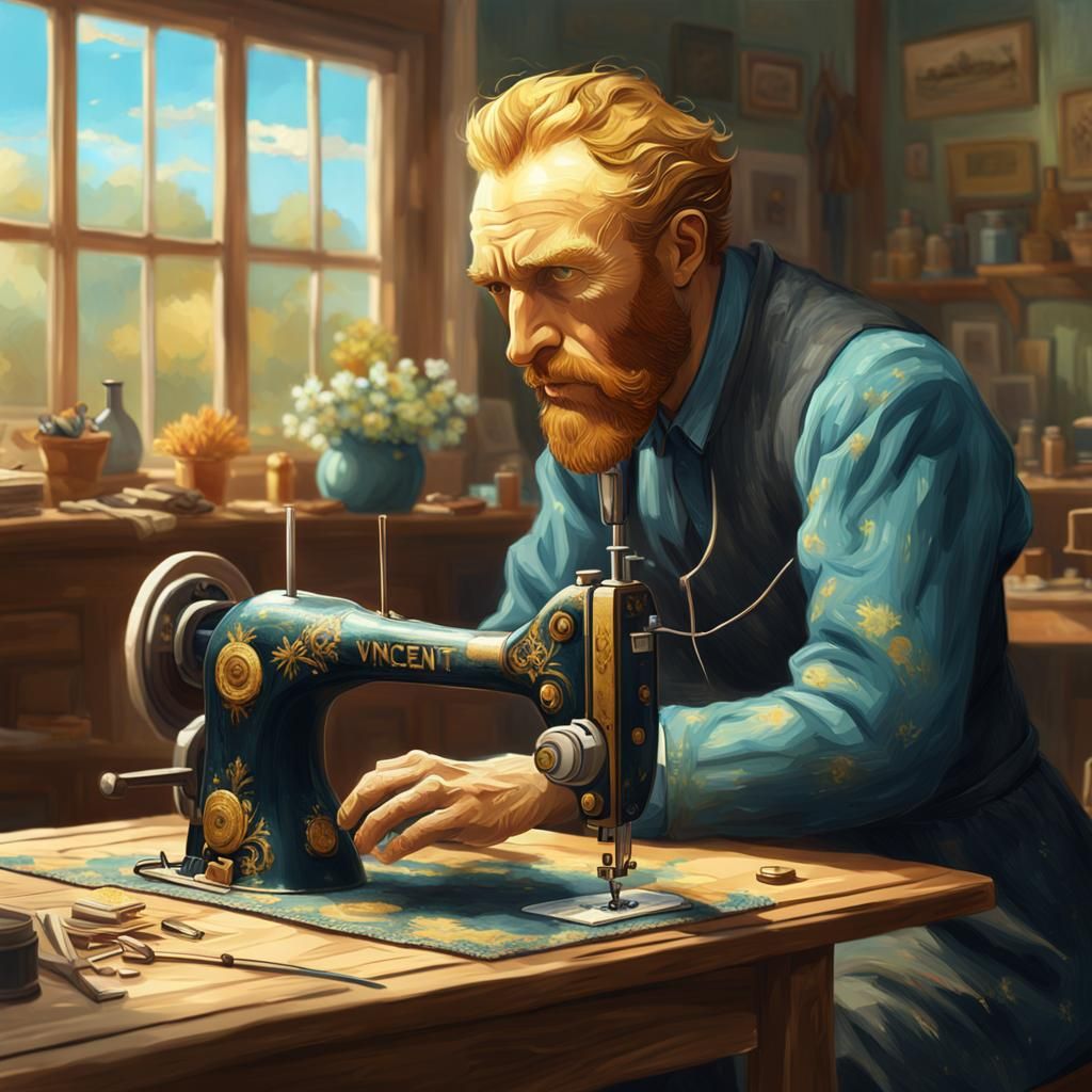 Vincent Van Gogh using a sewing machine on a sunny day
