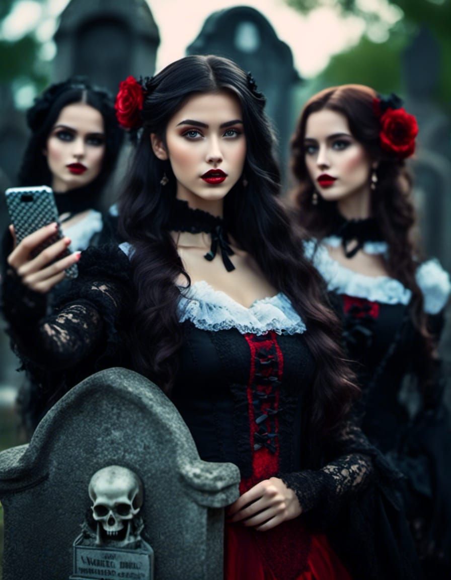 <lora:Beautify:1.0> close-up vampire girls taking selfie by the cemetary