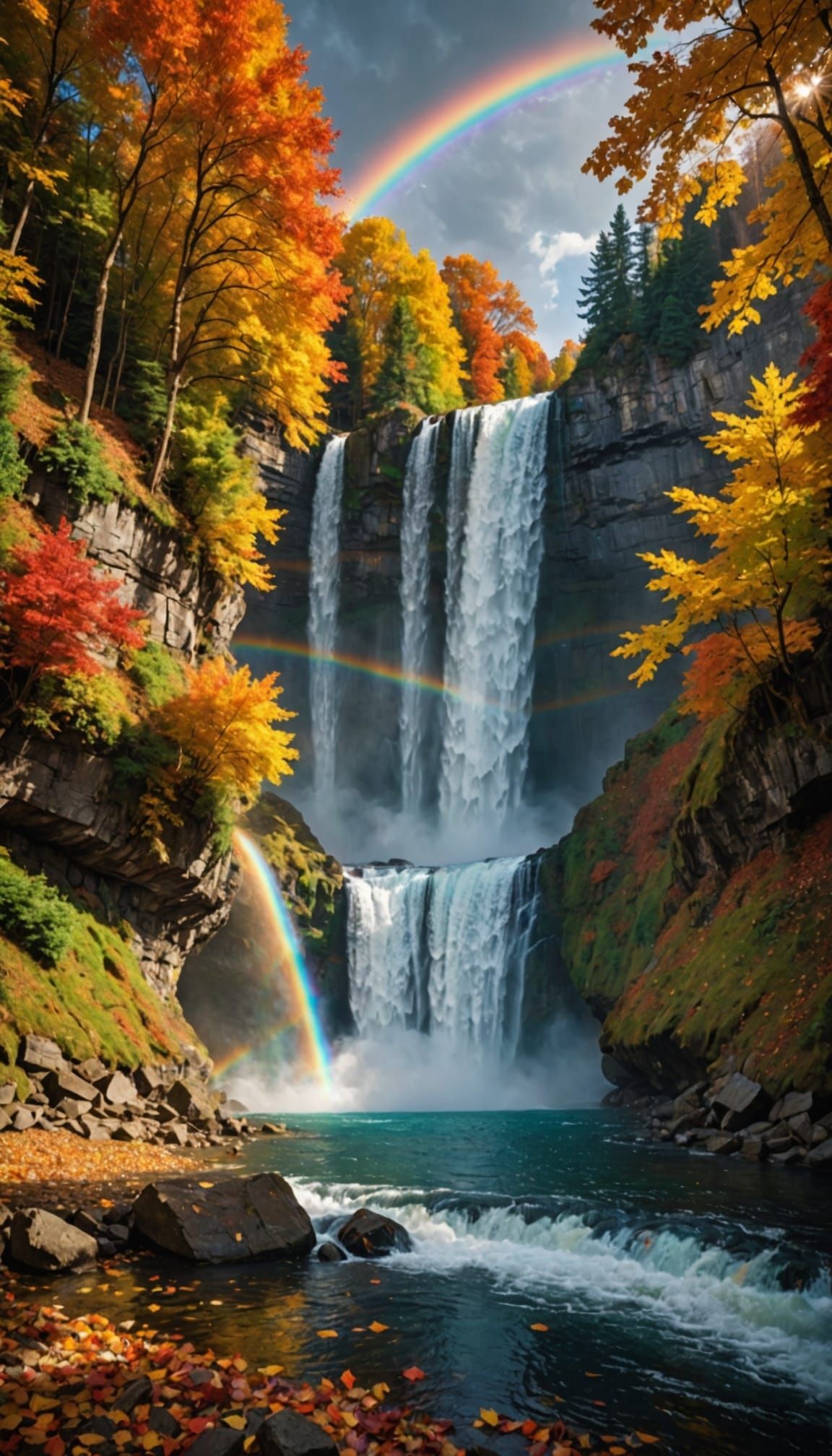 Autumn leaves falling on a sparkling waterfall with fish jumping below and rainbows intricate details, ...  by @LoneWolfToronto
