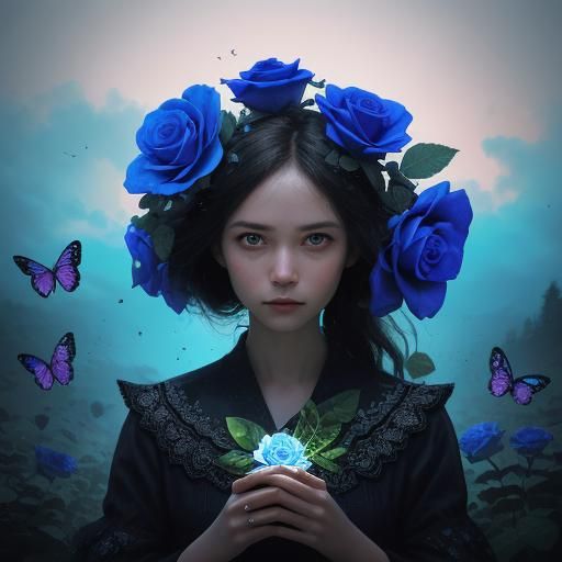 She is surrounded by flowers and butterflies