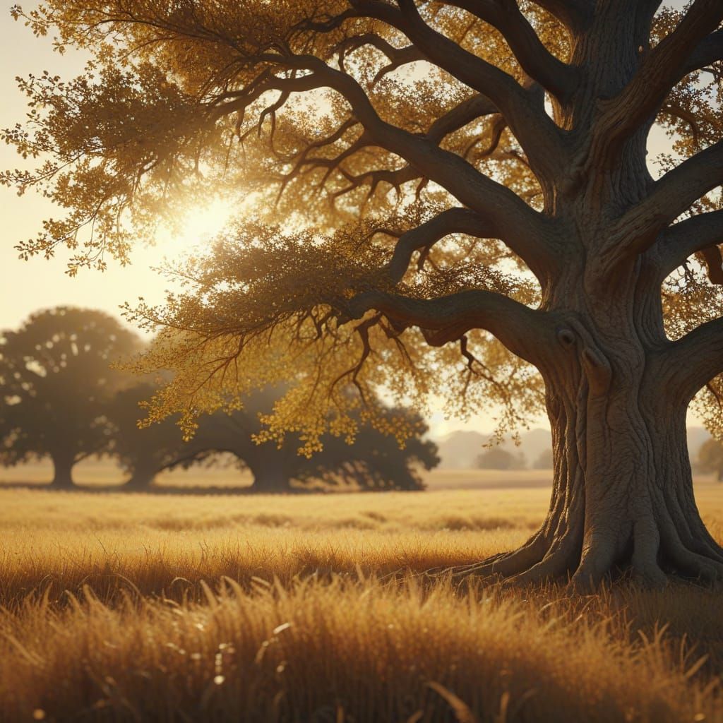 Majestic Oak Tree in Golden Field: Photorealistic Landscape