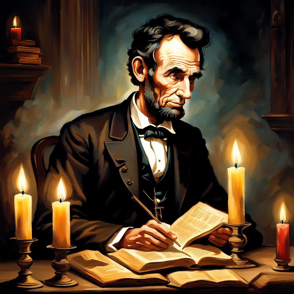 Abraham Lincoln reading by candle light,   by @B Jax