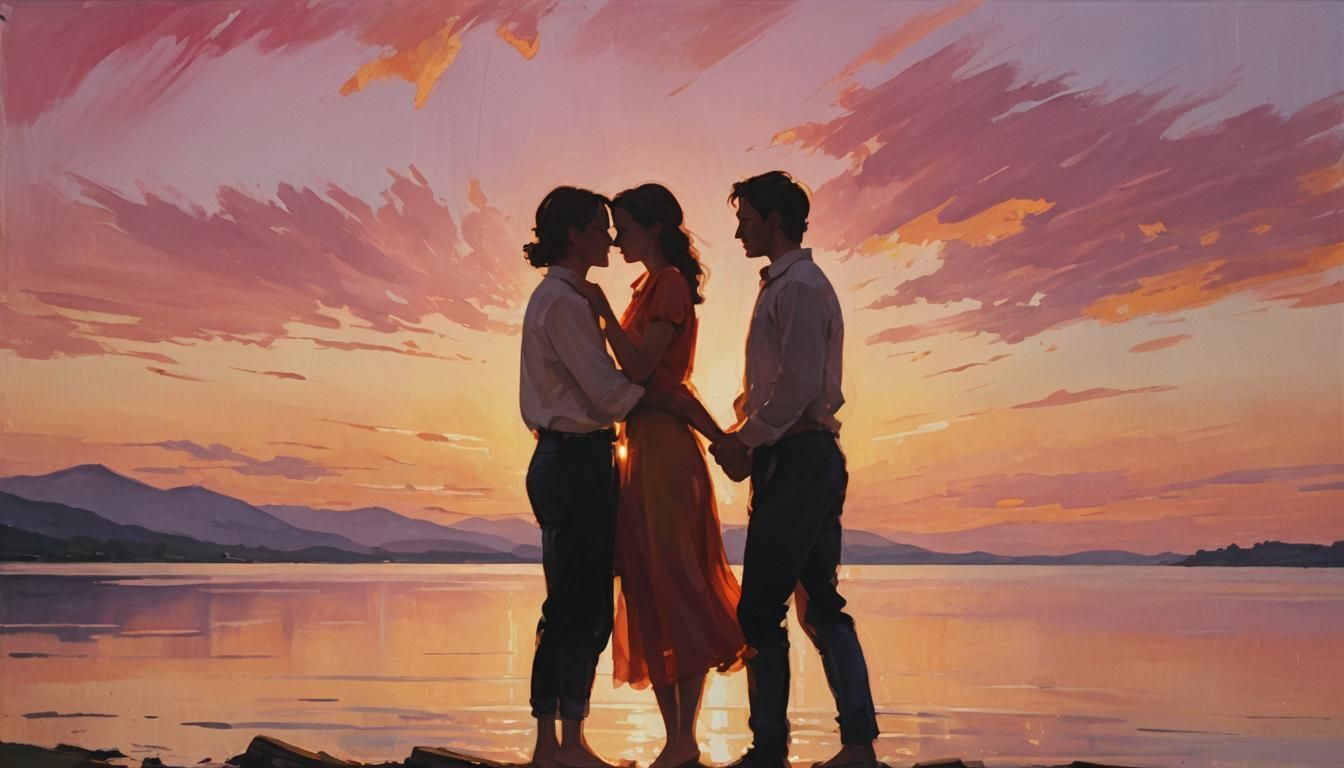 A romantic sunset scene featuring a tender embrace between t...