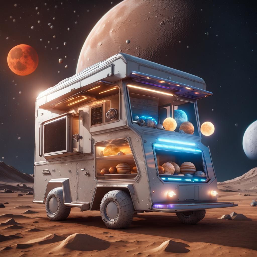 Photograph, Macro, Futuristic food truck on the moon surface...
