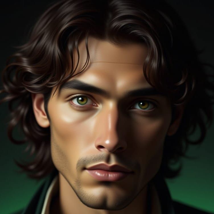 <lora:Faces Frenzy for Men:1.0> up close portrait of shirtless, handsome brown-haired man with olive-green smoky eyes, perky succulent lips,...