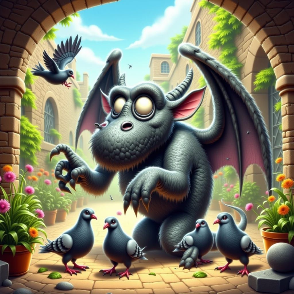 Cute Gargoyle playing with his pet Pigeons
 <lora:HallowFalls:1.0>