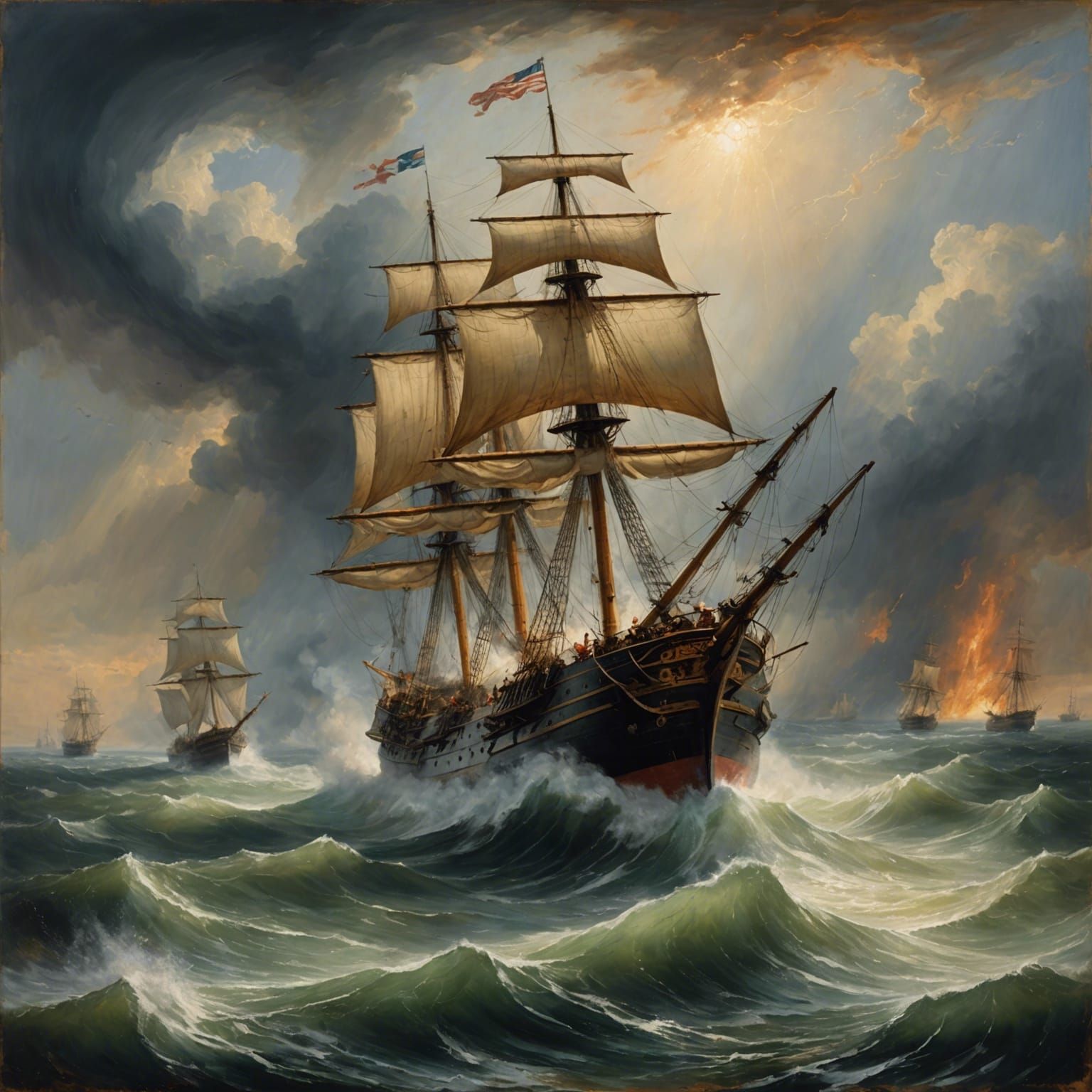 Oil painting in the style of J.M.W. Turner. A colossal warsh...