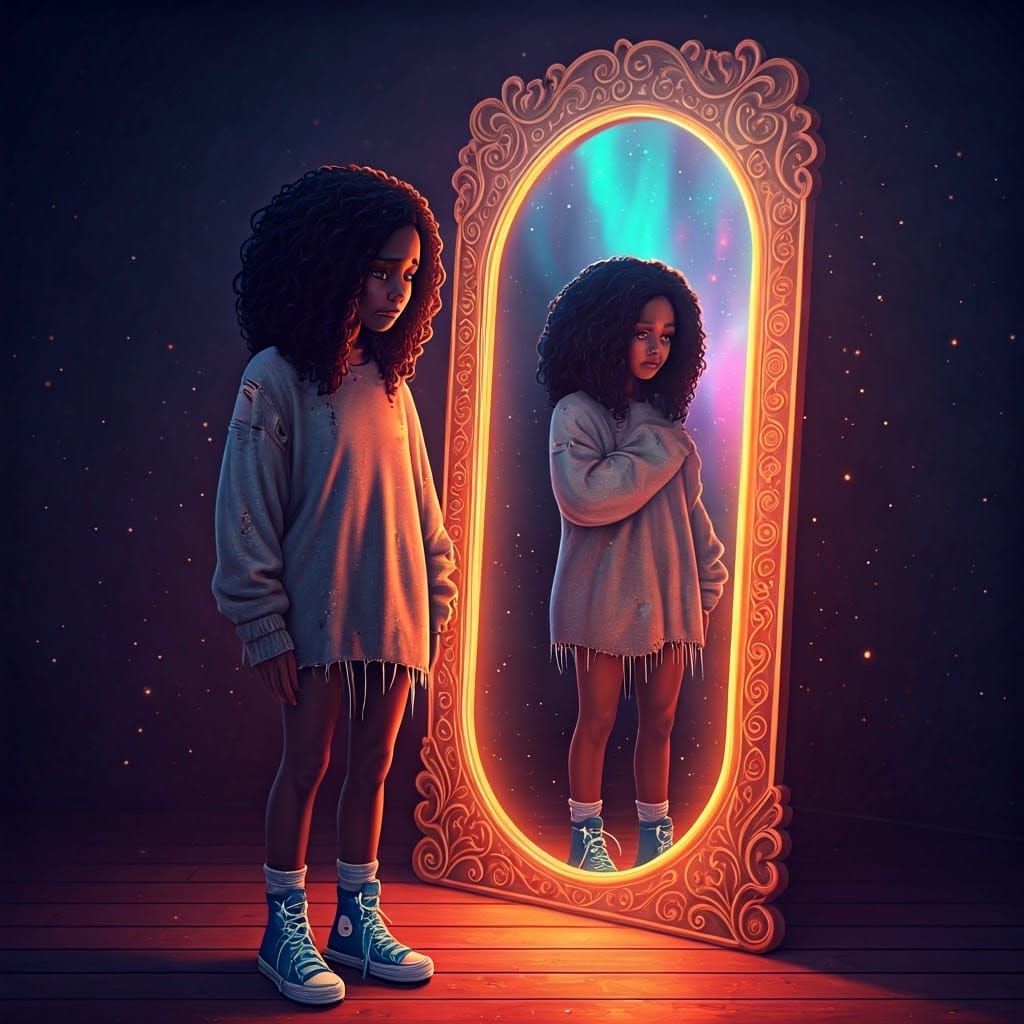Melancholic Girl and Mystical Mirror: Digital Portrait