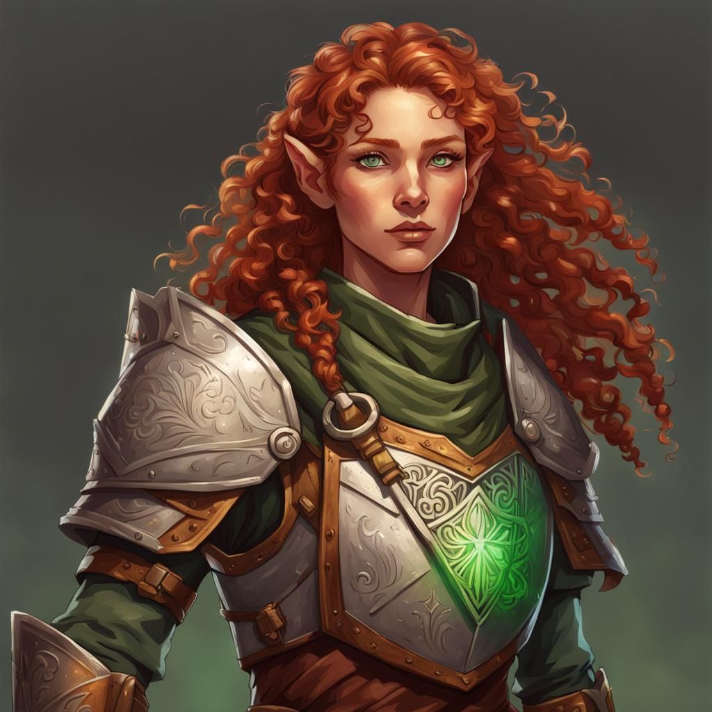 Cleric half elf (red curly hair) medium skin tone, green eyes, long pointed ears, adult, full body, tall, ...  by @undefined