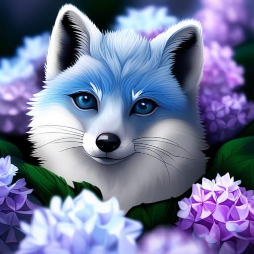 Baby blue fox in hydrangea flowers 