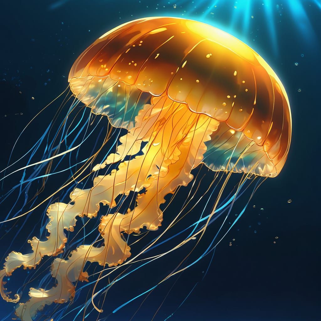 Mystical Jellyfish in Shimmering Blue and Gold