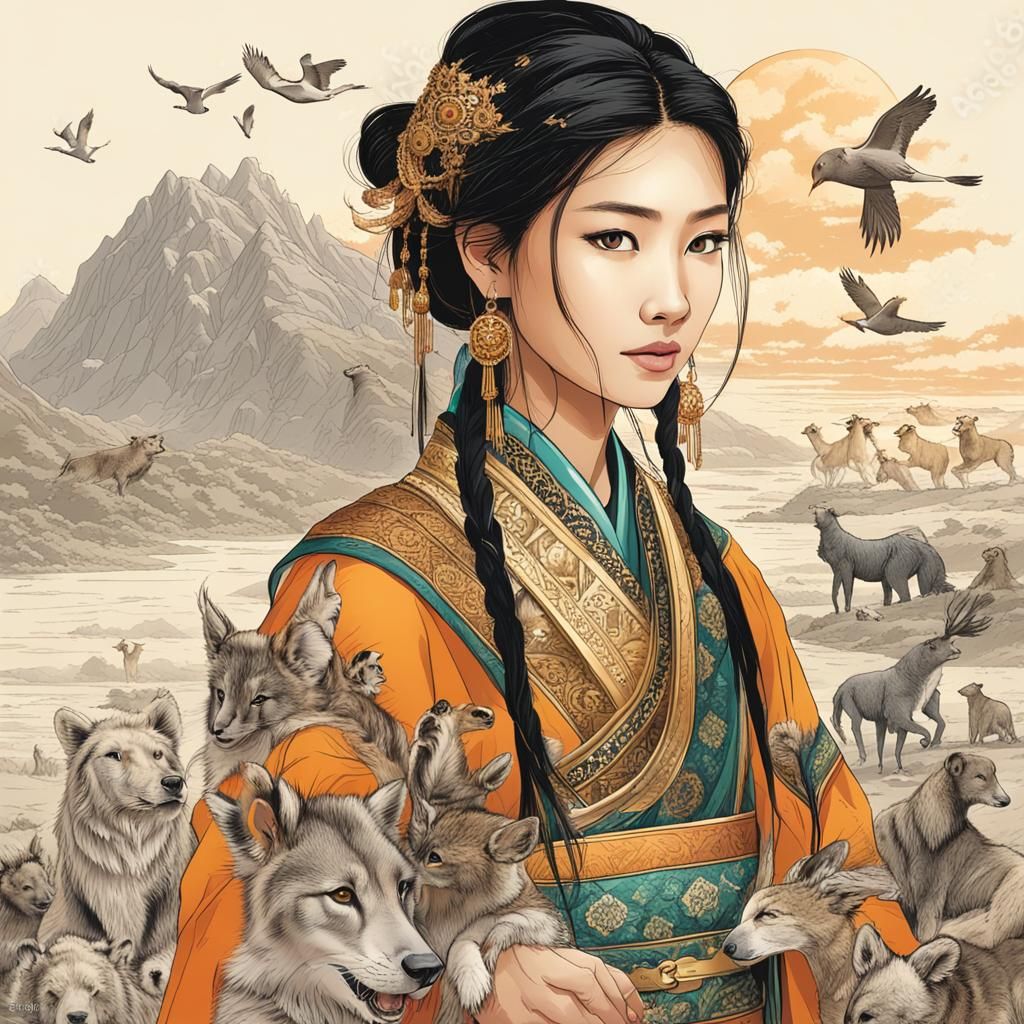 beautiful Asian girl, princess of the world, lover of nature and animals, walks in the world without human dangers.