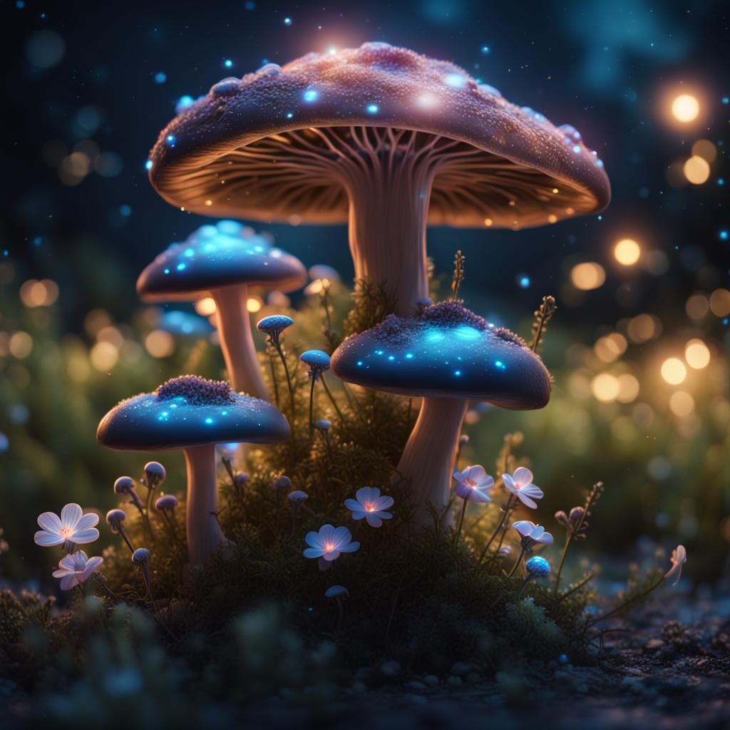 beautiful sparkly bioluminescent glowing glass mushroom growing with little flowers next to it night ...  by @KC