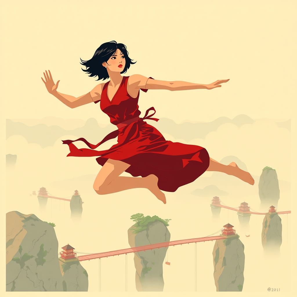 Kunoichi Thai Woman Leaping Over Floating Islands