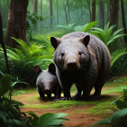 A playful wombat, surrounded by lush greenery, high definition, sharp focus, hyper real, best quality