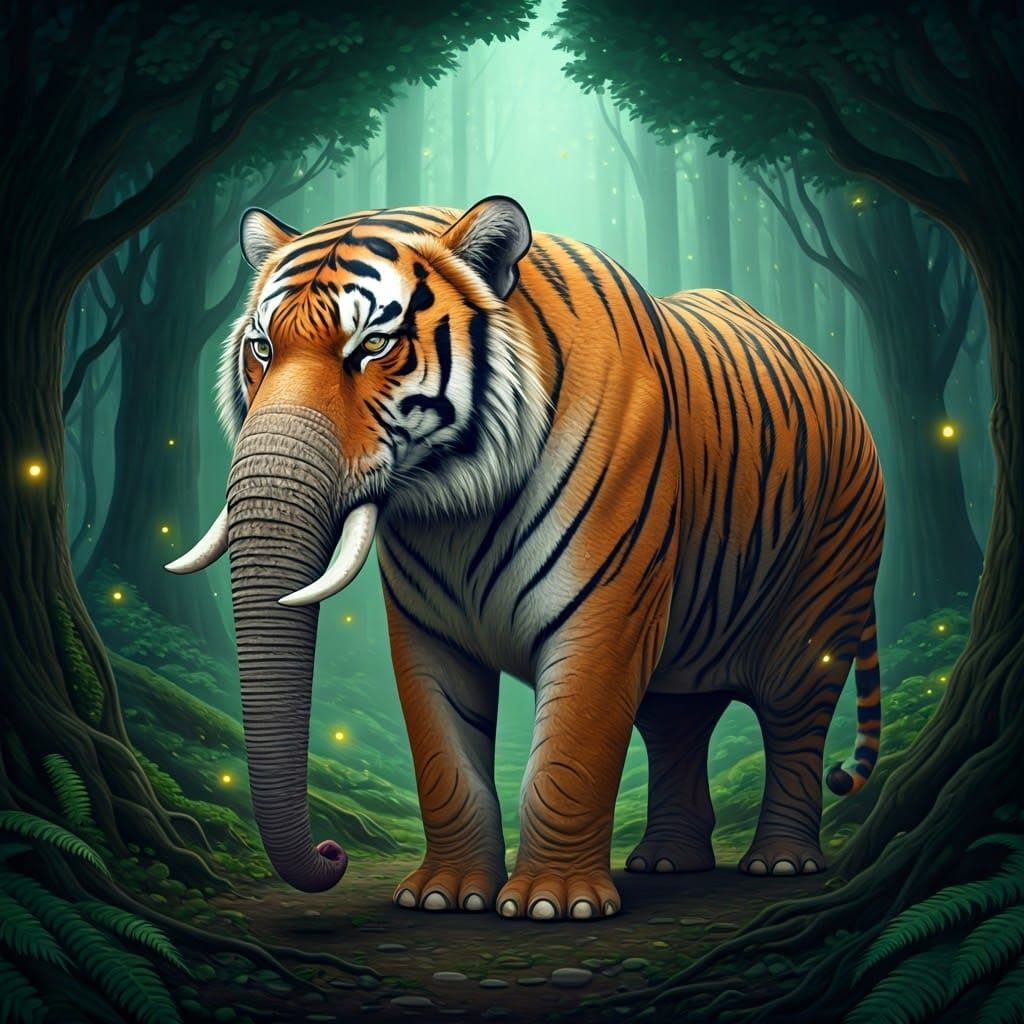 Whimsical Tiger-Elephant in Enchanted Forest
