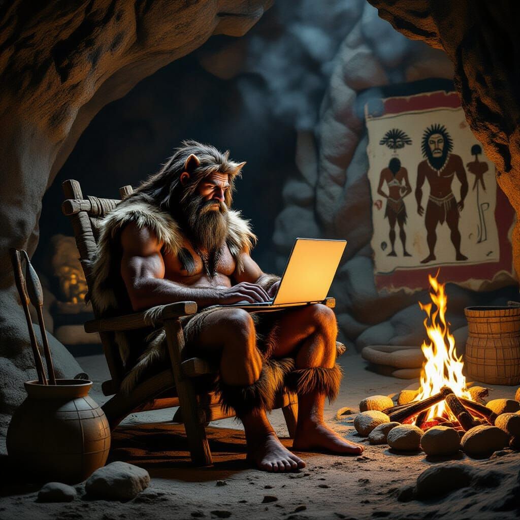 I would like an image of a prehistoric caveman in his  cave sitting on a chair using a a modern day laptop. Everything in the cave should be...