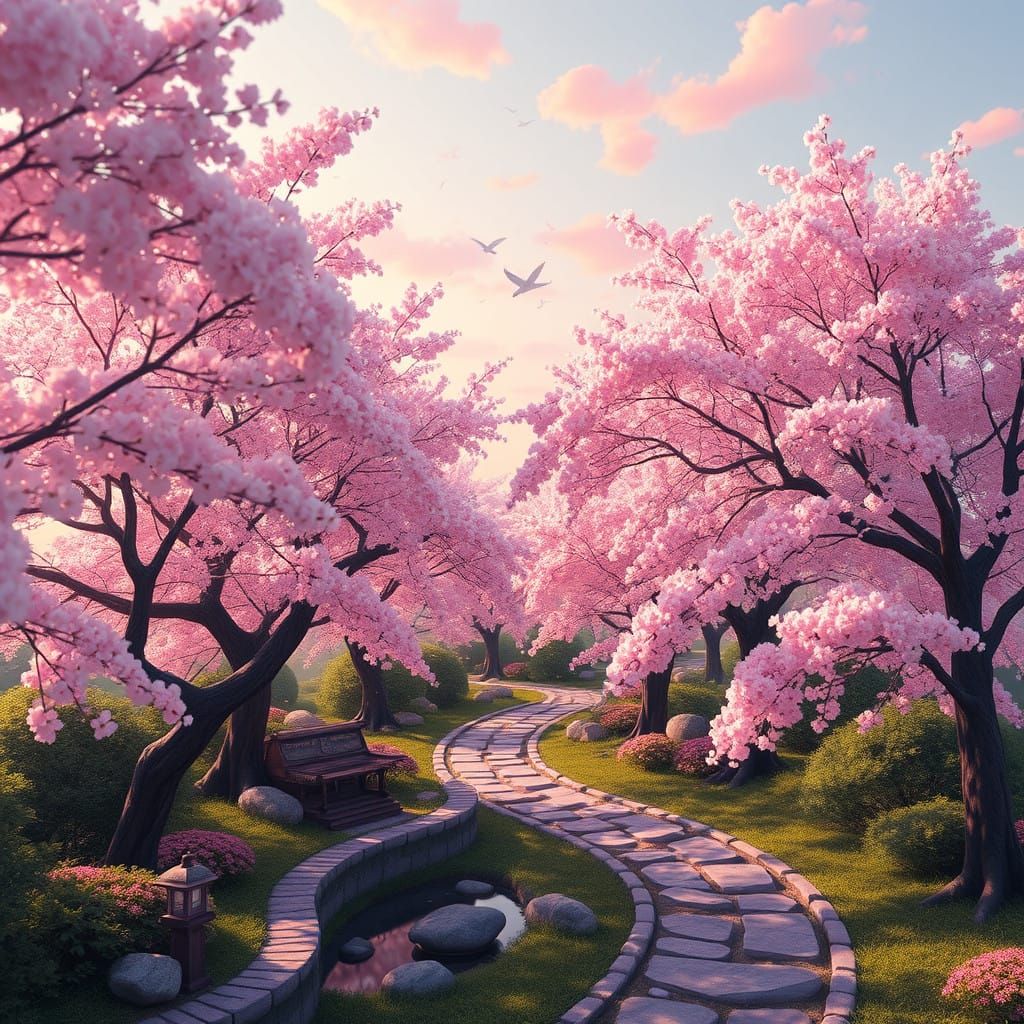 Cherry Blossom Garden in Whimsical Studio Ghibli Style