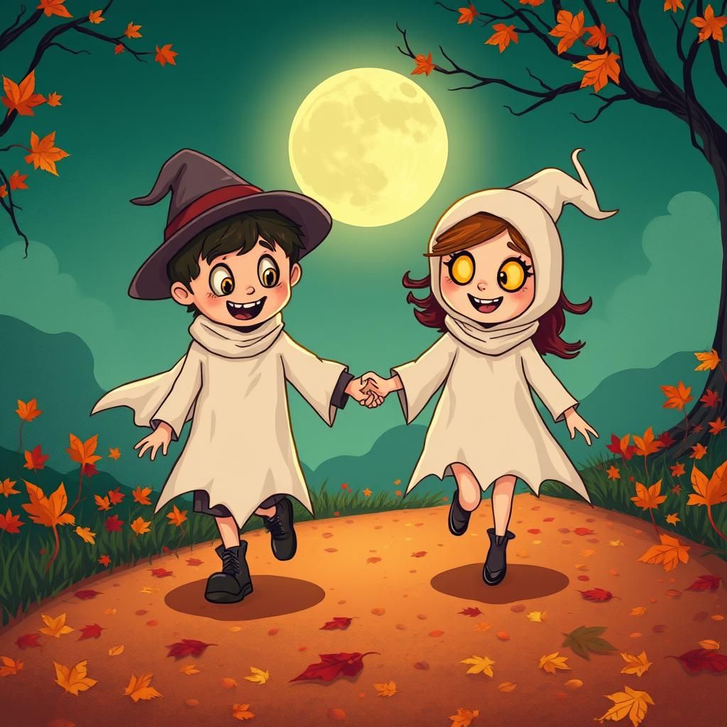 2 ghosts walking hand in hand down a leaf covered road, trick or treating,  