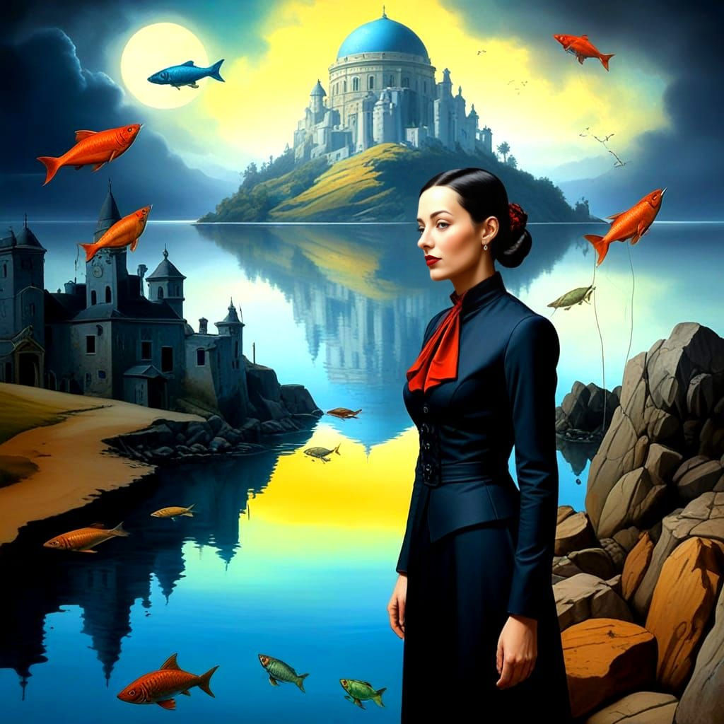 Surrealistic Portrait of a Vibrant Lady in a Dreamlike Scene