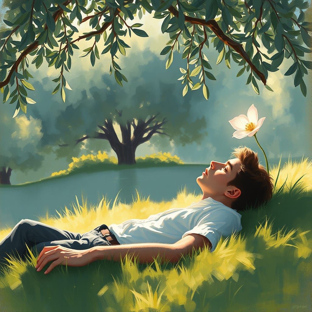 Dreaming Man Gazes at Radiant Flower in Impressionist Garden