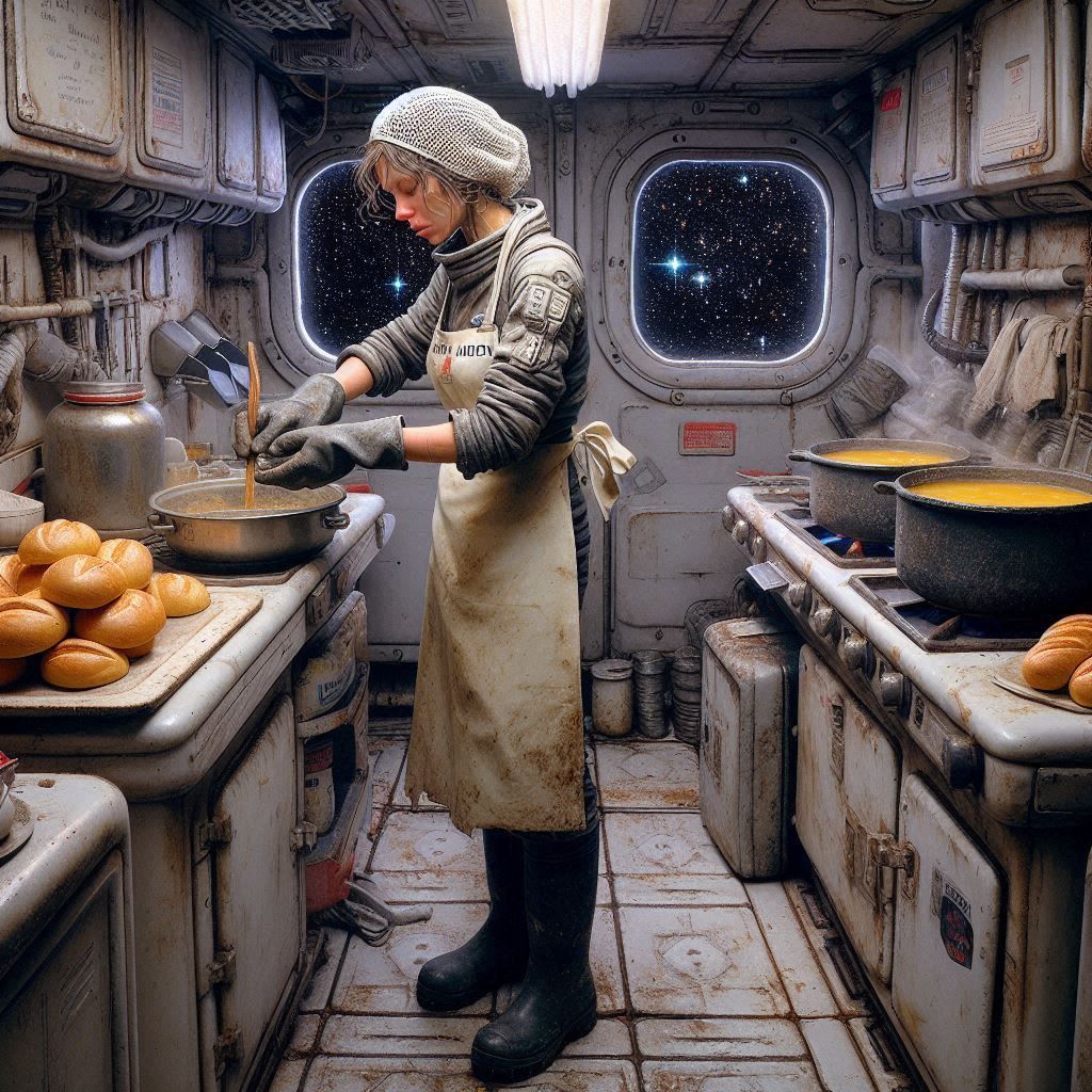 Ships's cook making dinner consisting mainly of bread and so...