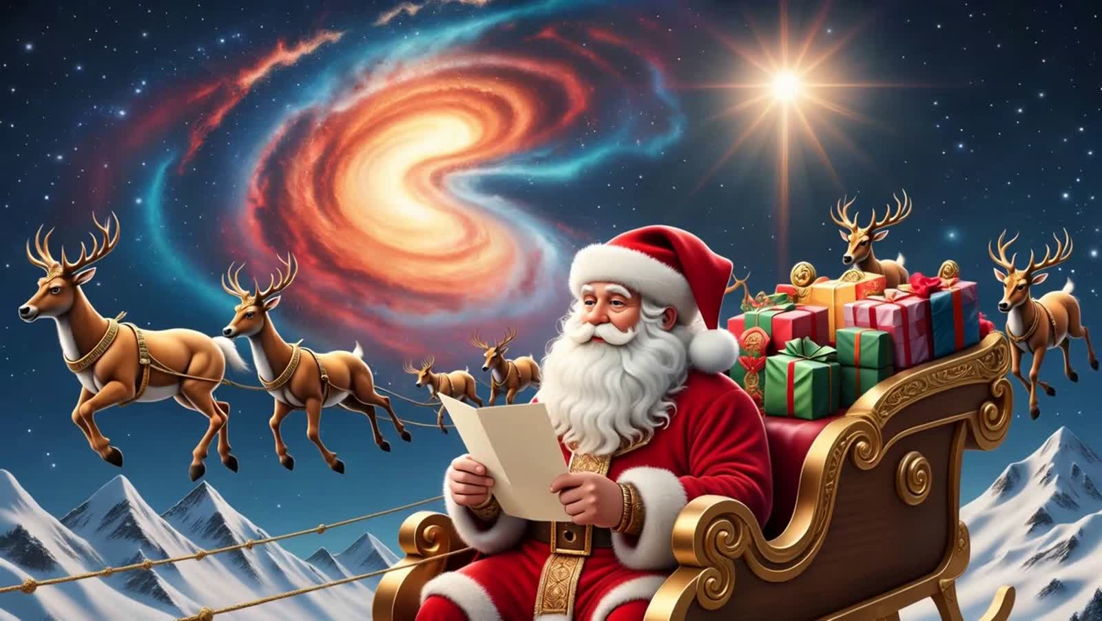 Santa Claus, seated in his sleigh and clutching a list, with a multitude of reindeer flying pulling the sleigh, in a cos...