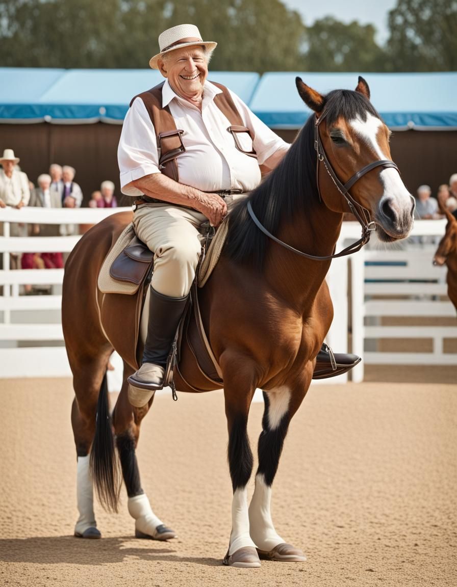 A jovial heavy set elderly man sitting on a horse in a show ...