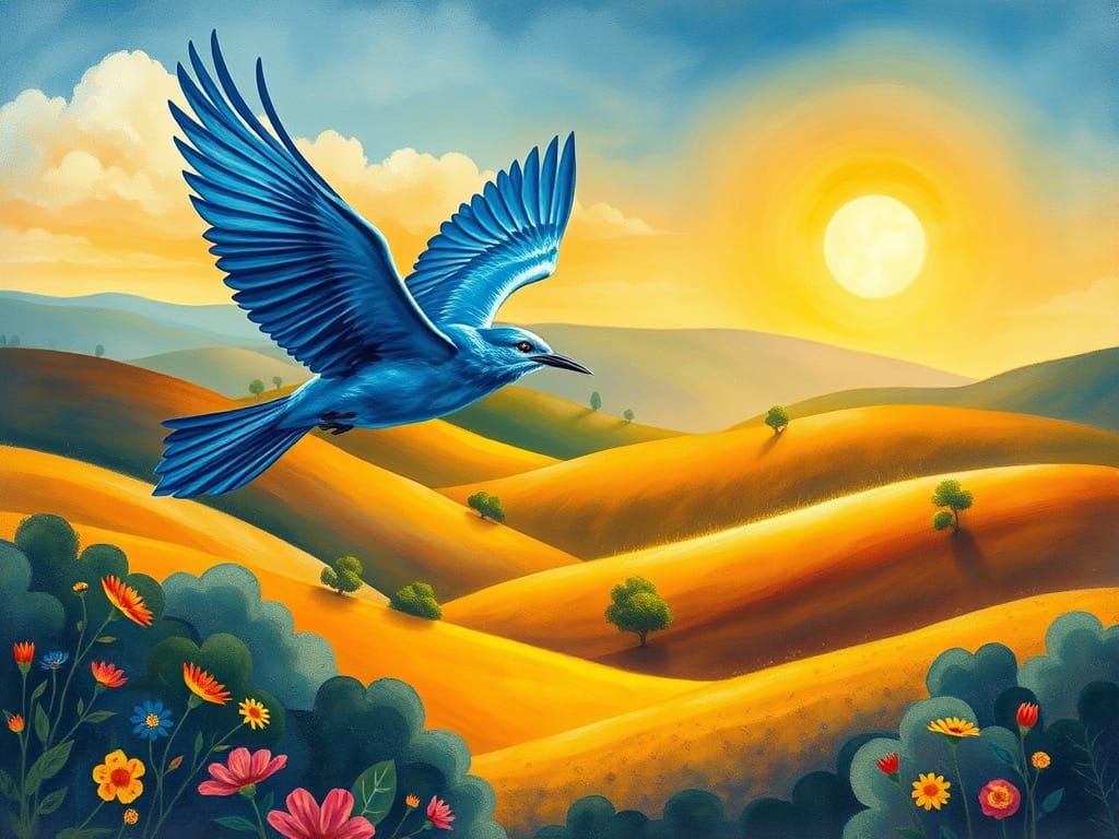Majestic Blue Bird Soars Over Dreamlike Landscape in Whimsic...