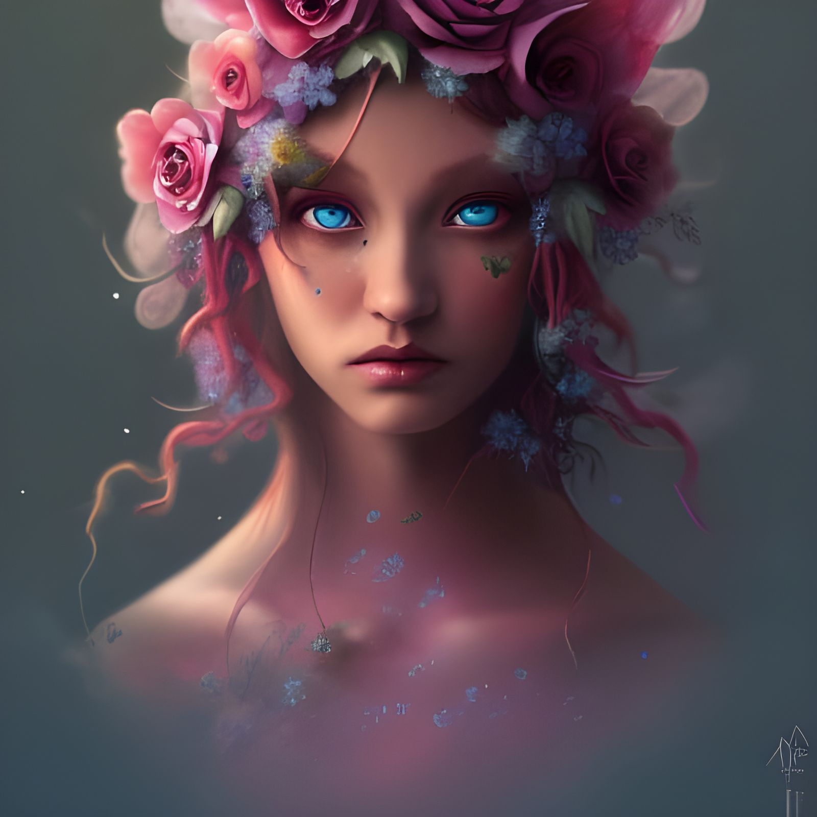 Mysterious Flower Cataclysm Elf Portrait in Mixed Media