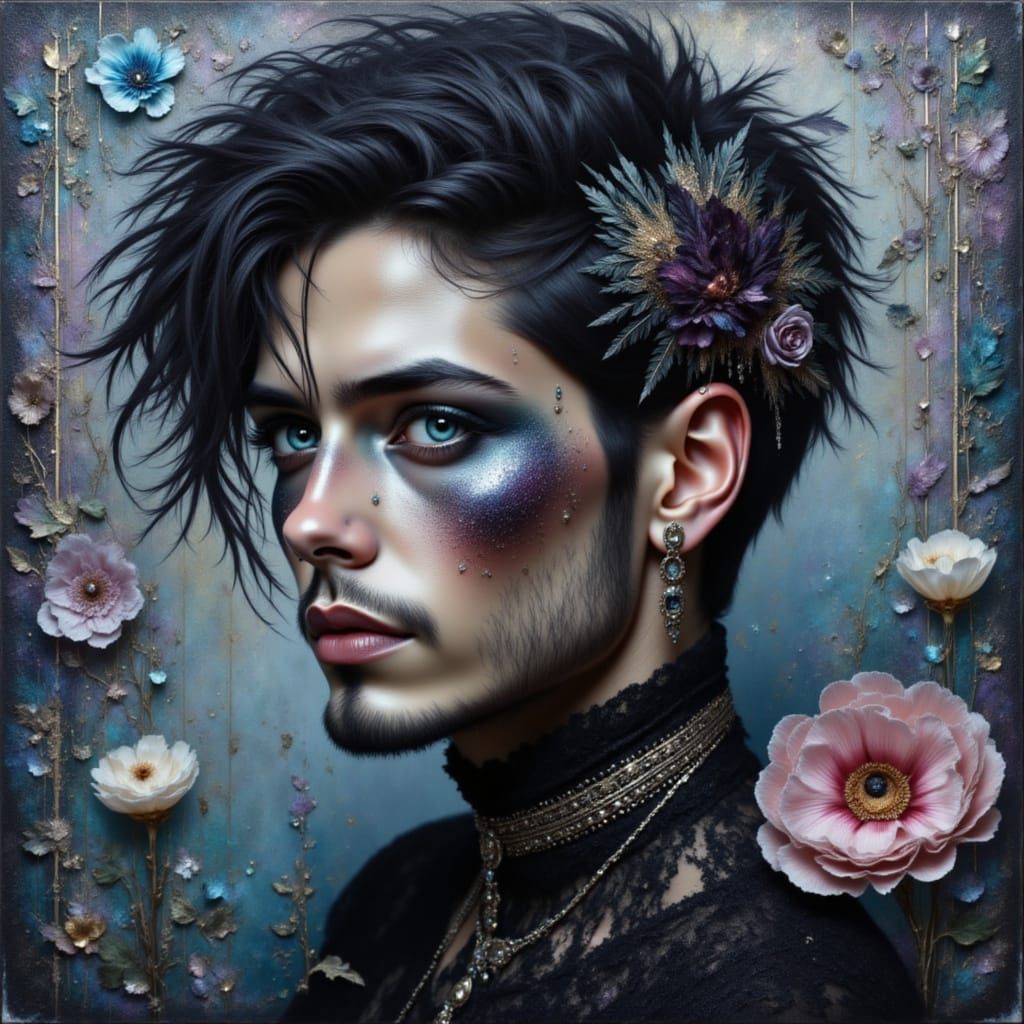 <lora:Exquisite Intensity:1.0> Gothic fantasy portrait of a man, in Renaissance oil painting style, young man, rococo style man, textured, s...
