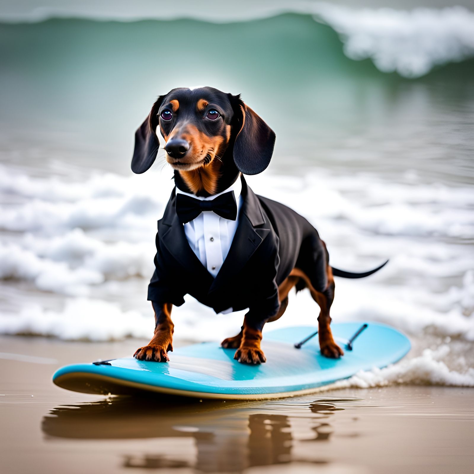 A Dachshund in a Tuxedo surfing AI Generated Artwork NightCafe Creator