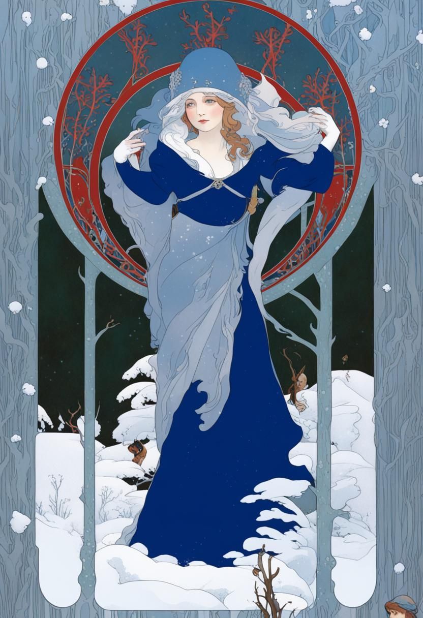 Art Nouveau Alphonse Mucha Snow Princess with a snowy forest...