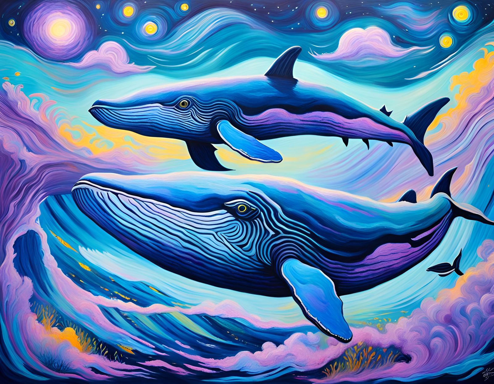 blue whales, purple nebula, noctilucent, acrylic painting, van gogh ...