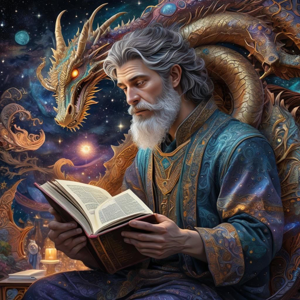 Man Reading Magic Book with Dragon, Astral Illustration
