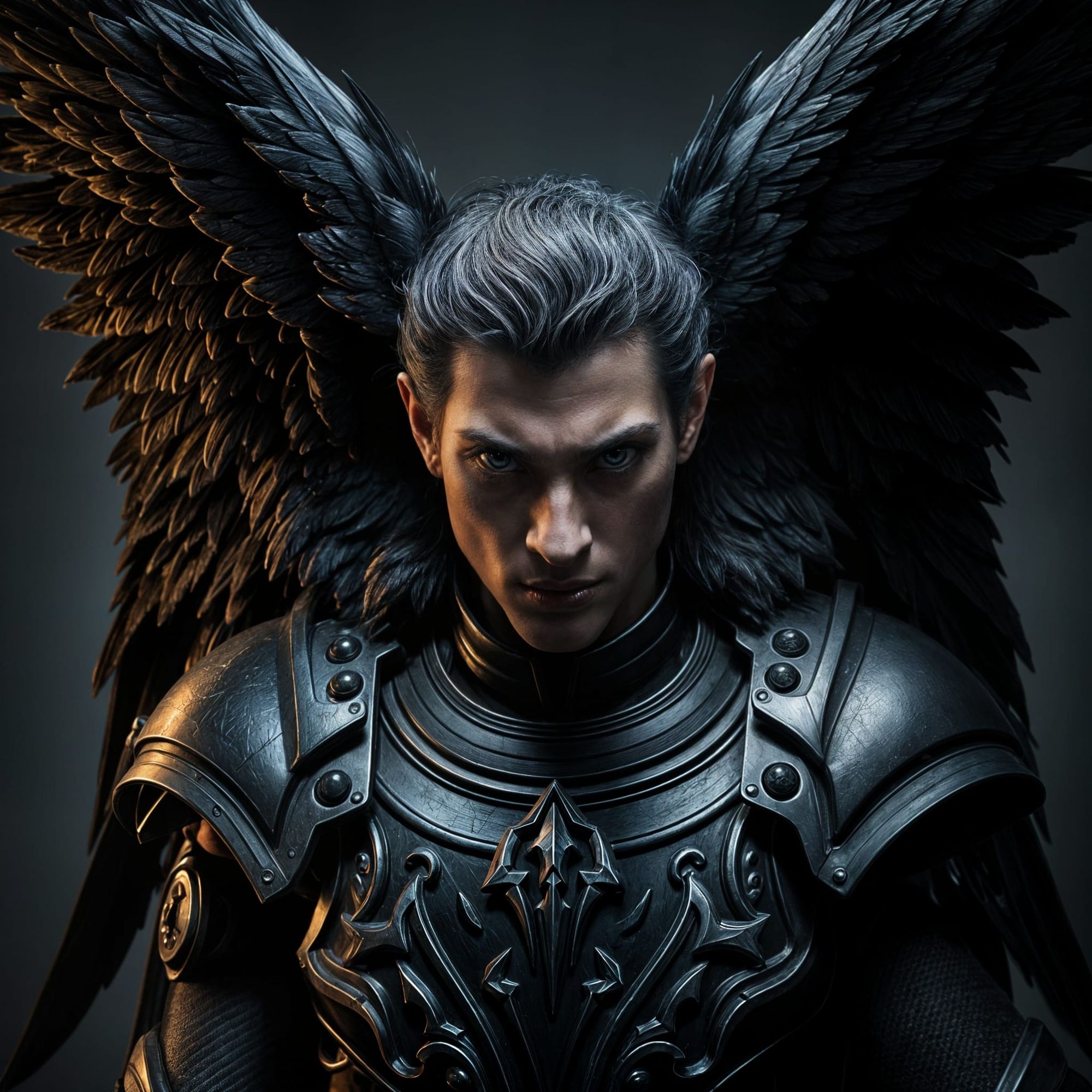 A dark angel with dark wings looks at me sternly and dangerously, hyper-realistic image, clear detailing 