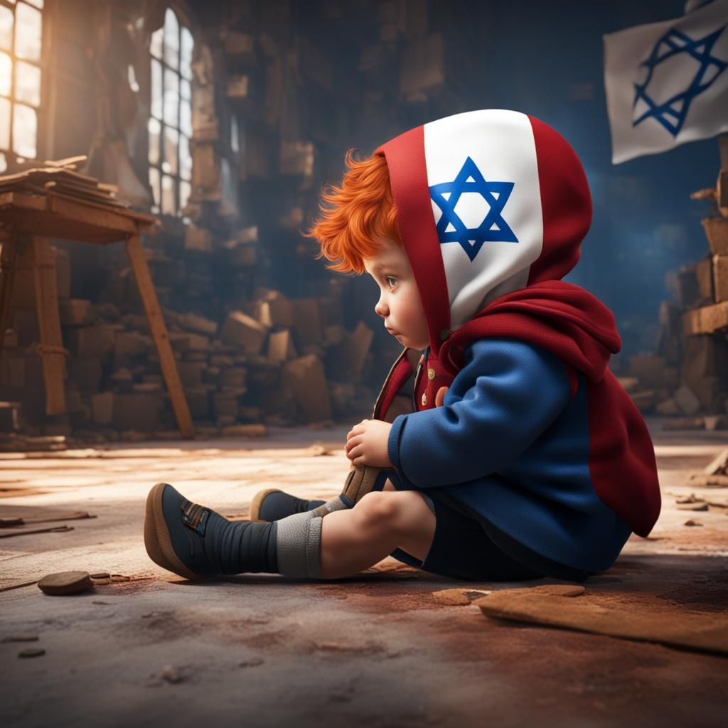 Red-Haired Toddler with Israeli Flag, Detailed Matte Paintin...