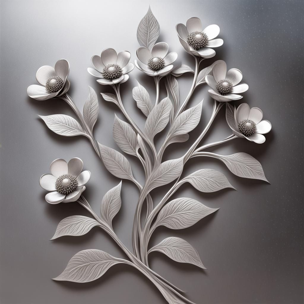 A page with a bunch of silver metal flowers, background with white