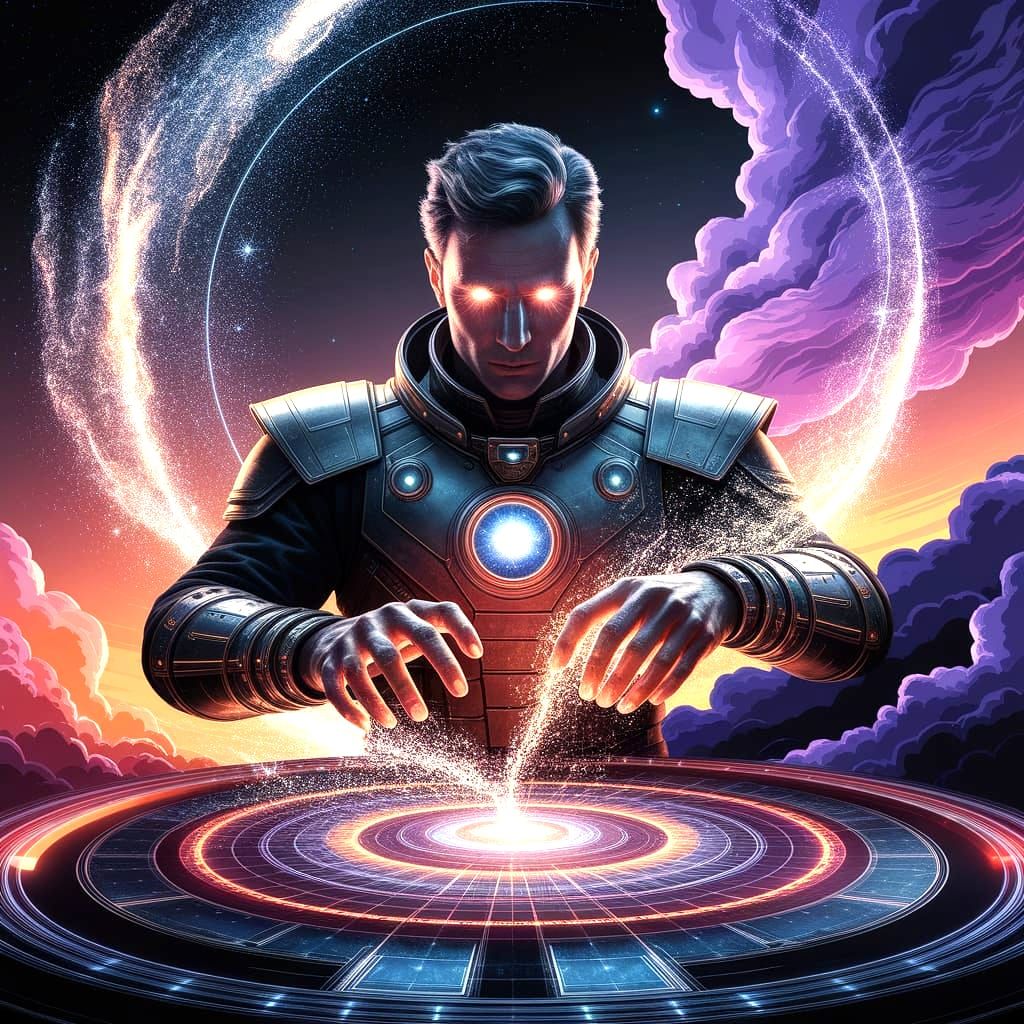 A cosmic soldier with eyes like distant galaxies, designing impossible structures in the void. The architect's hands glow with celestial ene...