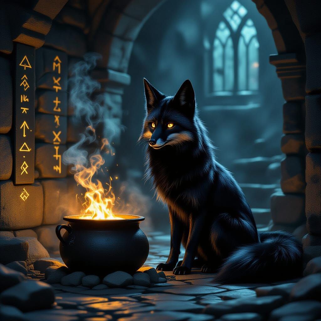 A mysterious witch's familiar, a sleek black fox with eyes like molten gold, sits alertly by a bubbling cauldron in a dimly lit, ancient sto...